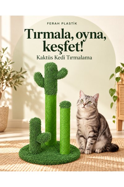 FERAH PLASTİK Kaktüs Kedi Tırmalama Tahtası 65 cm 3 Sütunlu Yeşil, 40 cm Yuvarlak Taban