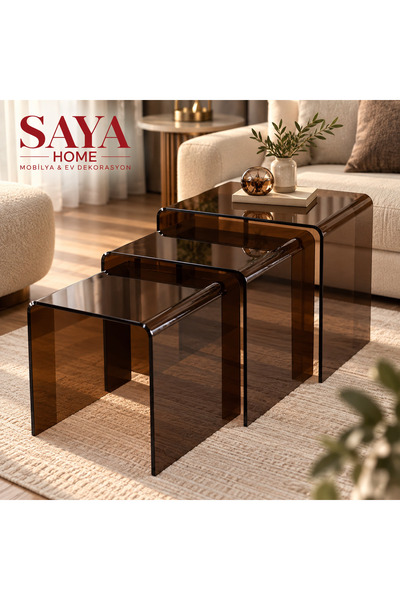 Genel Markalar SAYA HOME 8 MM KAHVERENGİ PLEKSİ 3'LÜ ZİGON SEHPA SETİ