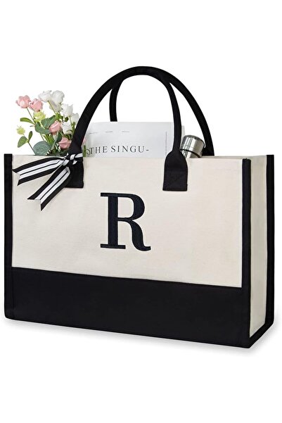 TOPDesign Personalized Initial Canvas Beach Bag, Monogrammed Gift Tote Bag fo...