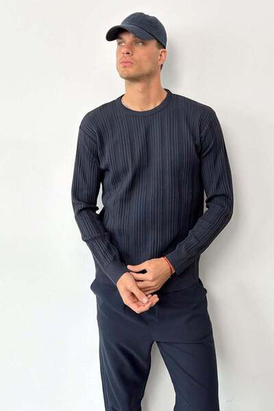JB John Borners Men's Crew Neck Thick Ribbed Knit Sweater Navy Blue - 27013