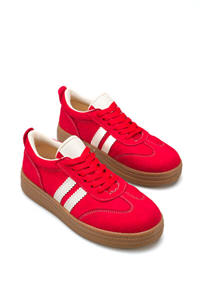 Bak Store Kırmızı Süet Kadın Spor Ayakkabı Retro Sneaker Dikişli Taban