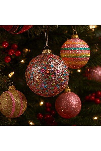Ornament24 Set 6 globuri de Craciun din plastic cu sclipici si paiete, orname...