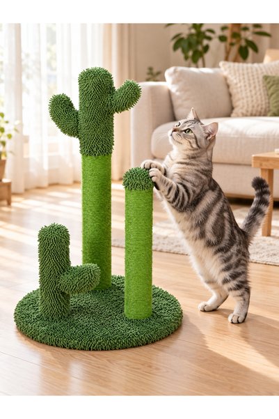 FERAH PLASTİK Kaktüs Kedi Tırmalama Tahtası 65 cm 3 Sütunlu Yeşil, 40 cm Yuvarlak Taban