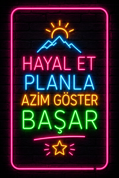 Lucena Neon Motivasyon Duvar Tablosu Hayal Et Planla Başar Metal Dekoratif Ya...