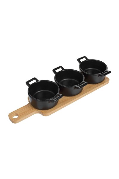 OEM Set Servire cu Suport din Bambus și 3 Boluri Ceramice Negre, 28x8x5 cm, p...