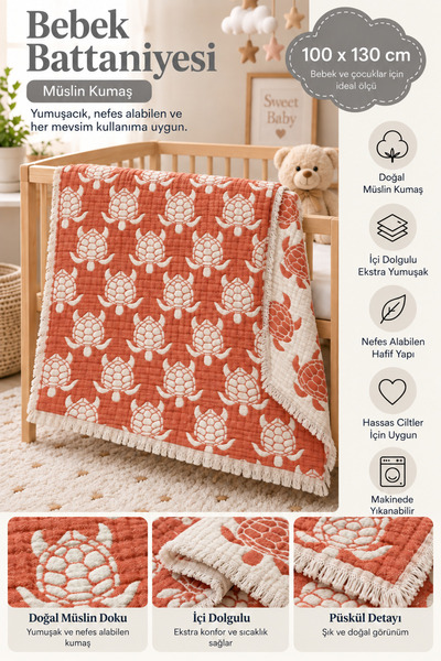 LADYNİL 100% Cotton Muslin 6-Layer Baby & Kids Blanket, 100X130Cm Patterned M...