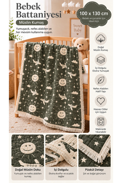 LADYNİL 100% Cotton Muslin 6-Layer Baby & Kids Blanket, 100X130Cm Patterned M...