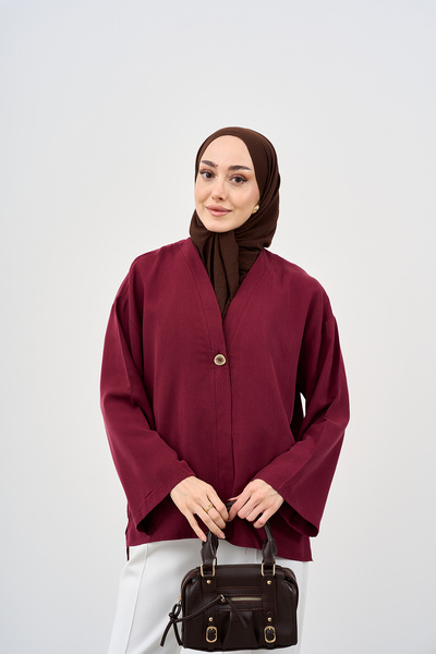LOCCO Women's V-Neck Single Button Cardigan Claret Red
