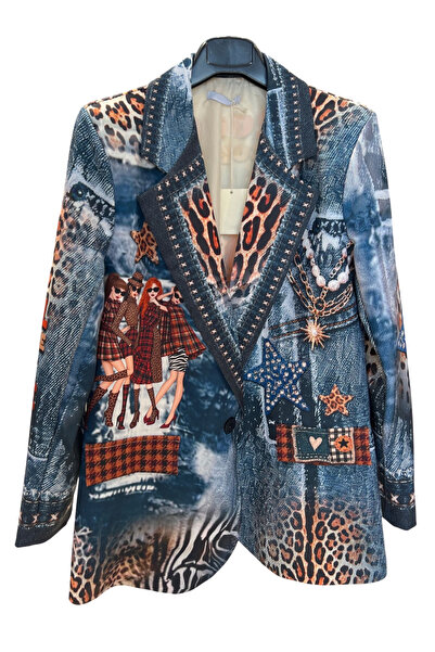 Generic Brand Sacou casual dama albastru oversize cu imprimeu denim chic
