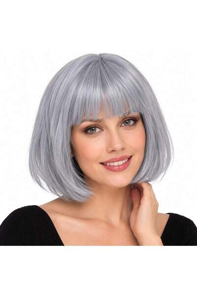 Skygo Gray Straight Party Wig - Synthetic Costume Wig with Bangs