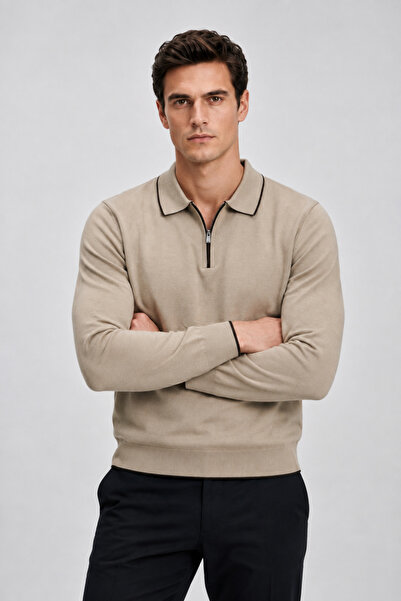 Maccali Men's Striped Knitwear Casual Beige Polo Collar Sweater