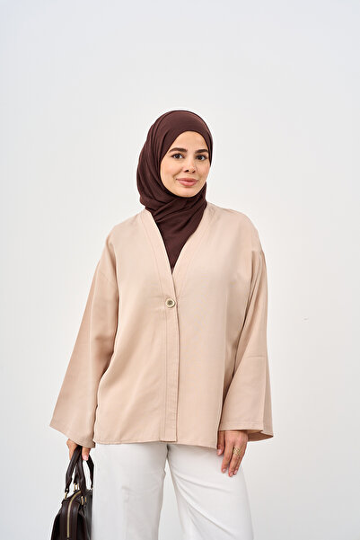 LOCCO Women's V-Neck Single Button Cardigan Stone