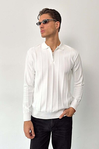 JB John Borners Men's Polo Collar Half Zipper Striped Knit Sweater White - 27008