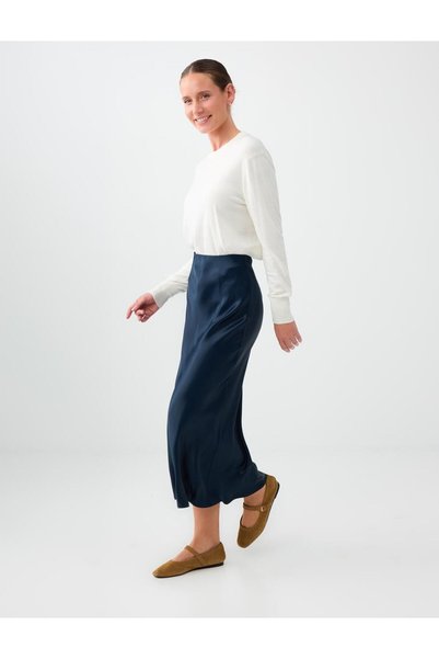 Jimmy Key Fusta maxi din satin, albastru marin, cu croială slim și talie elastică