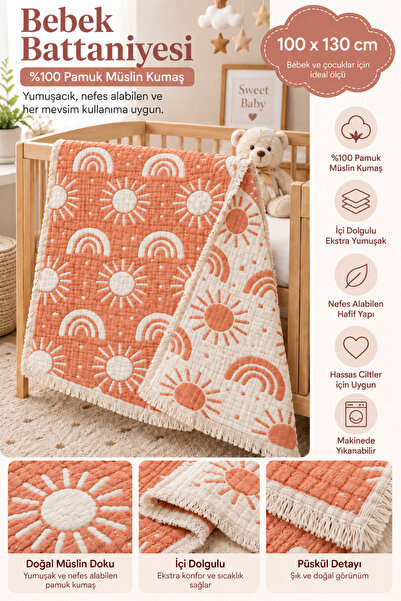 LADYNİL 100% Cotton Muslin 6-Layer Baby & Kids Blanket, 100X130Cm Patterned M...