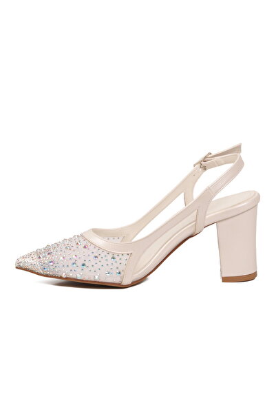 FLORİN Stone Embellished Adjustable Ankle Strap Thick Heel Pointed Toe Women's Evening Dress Shoes 416