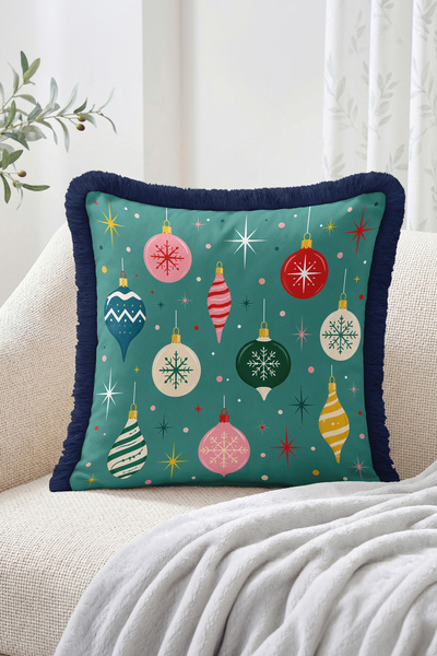 Realhomes Christmas Ornaments and Snowflake Fringed-Tasseled Throw Pillow Cover