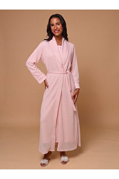 Lohussa New Season Pink Shawl Collar Textured Button Detailed Full Length Des...