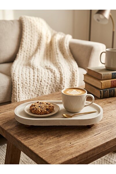 Lonca Home LONCAHOME Ahşap Ayaklı Beyaz Mermer Desenli Oval Alçı Sunumluk - D...