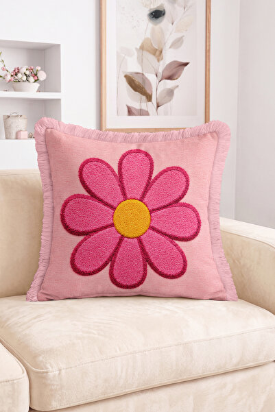 Realhomes Pink Daisy Motif Decorative Double-Sided Fringed-Tasseled Throw Pil...