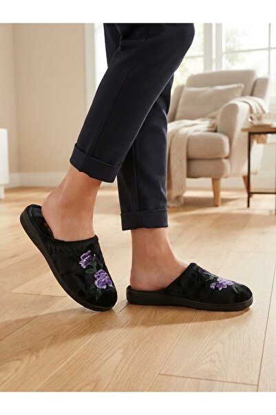 GEZER Embroidered Patterned Plush Lined Indoor House Slippers Soft Non-Slip Sole
