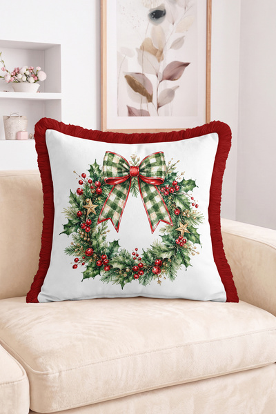 Realhomes Christmas Wreath and Bow Red Fruit Patterned Fringed-Tasseled Throw...