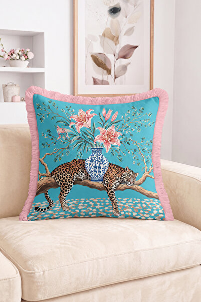 Realhomes Leopard Figured Floral Chinese Vase Patterned Fringed-Tasseled Thro...