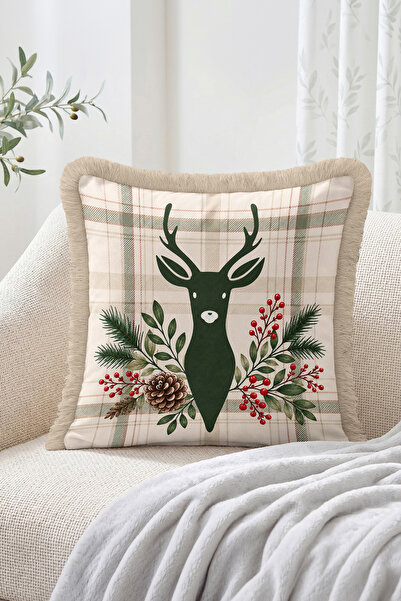 Realhomes Winter Themed Plaid and Pinecone Fringed-Tasseled Throw Pillow Cove...