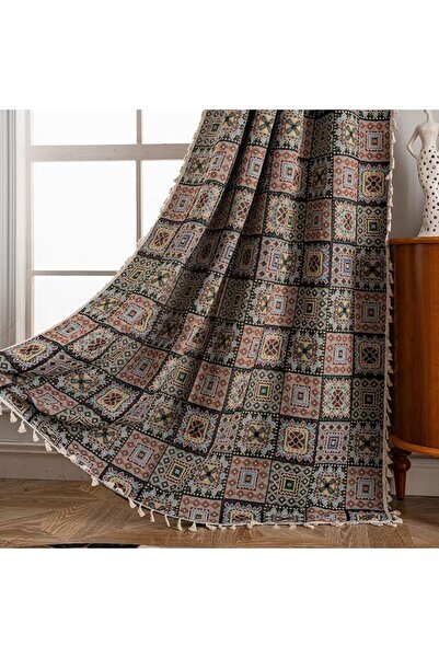 GENERAL ستائر بوهو جاكار من ENJOYBRIDAL بطول 63 بوصة، لوحتين، ستائر زرقاء بنق...