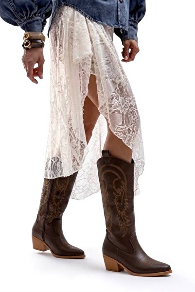 DefHeel'e Embroidered Zipper Detailed Western Long Women's Cowboy Boots