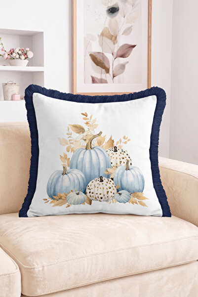 Realhomes Blue Pumpkin and Autumn Leaves Patterned Fringed-Tasseled Throw Pil...