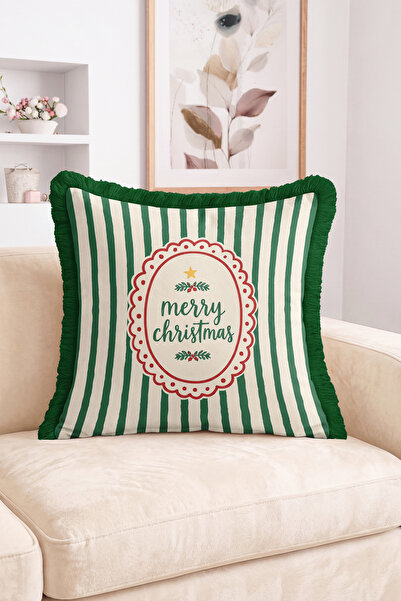 Realhomes Merry Christmas Written Green Striped Fringed-Tasseled Throw Pillow...