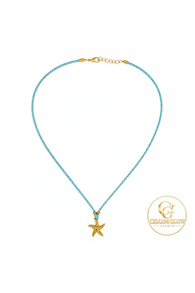 Charm Glow Yaz Temalı Gold Deniz Yıldızı Figürlü Turkuaz İp Kolye