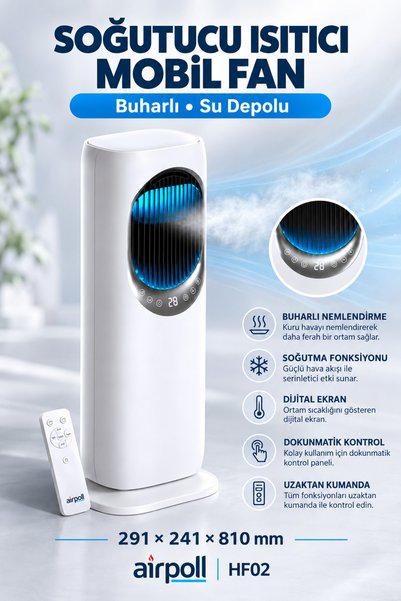 DepoTronik Soğutucu Isıtıcı Buharlı Mobil Fan Su Depolu 291 × 241 × 810 mm Airpoll HF02