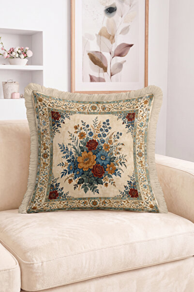 Realhomes Vintage Floral Bouquet and Border Pattern Fringe-Tassel Throw Pillo...