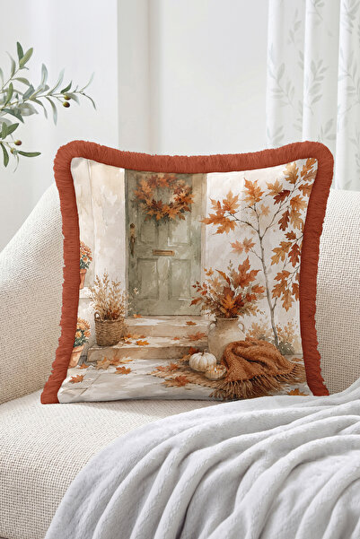 Realhomes Fall Door and Leaf Pattern Fringed-Tasseled Throw Pillow Cover