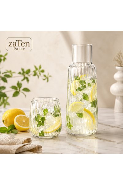 zaTen Pazar 2 Parça Cam Sürahi ve Bardak Seti 2 L 35 cm Burgu Çizgili Üfleme ...