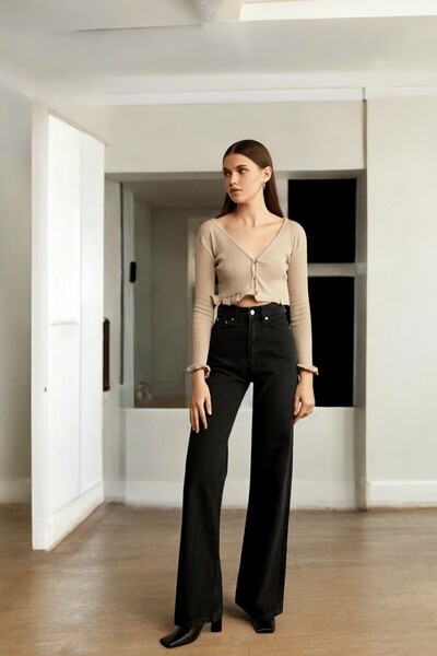 byhaziran butik Blugi negri pentru femei, cu legături wide-leg