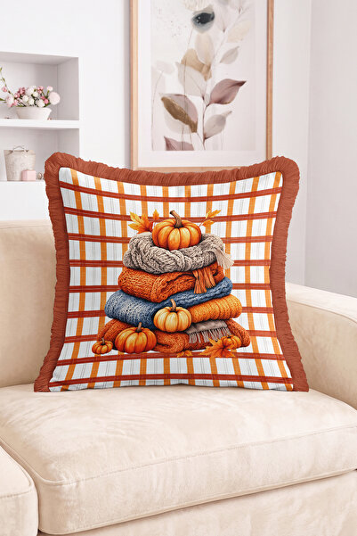 Realhomes Fall Pumpkin and Knitted Scarf Pattern Fringe-Tassel Throw Pillow C...