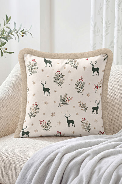 Realhomes Deer Figured Winter Branch and Snowflake Patterned Fringed-Tasseled...