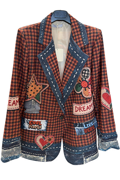 Generic Brand Sacou dama casual oversize maro in carouri cu graffiti