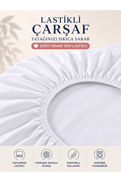 Düz Beyaz Battal Boy Lastikli Çarşaf (Yastıksız)- 180 x 200 Denizli Üretim