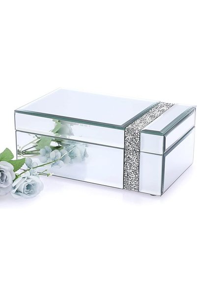 GENERAL صندوق مجوهرات زجاجي من ELLDOO مع شريط مزين بالماس المجروش، منظم فاخر ...