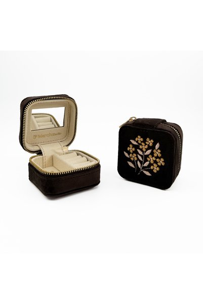 3rd March Studio Mini Square Velvet Jewelry Case & Travel Jewelry Organizer - Floral Embroidery Detail - 6.5X6.5X4 cm