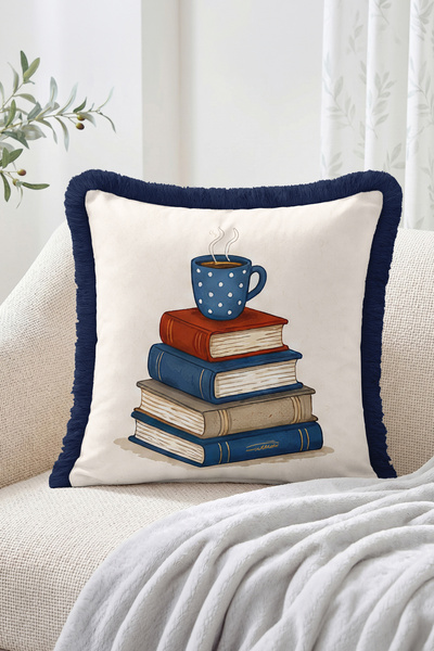 Realhomes Book Tower and Coffee Cup Pattern Throw Pillow Cover with Fringe an...