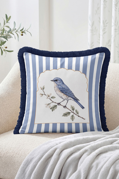 Realhomes Vintage Bird and Flower Branch Pattern Blue Striped Fringed-Tassele...