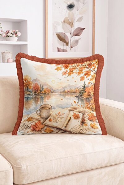 Realhomes Autumn Lake Scenery, Book and Coffee Pattern Decorative Fringe-Tass...