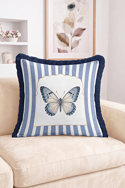 Realhomes Blue and White Striped Butterfly Figured Decorative Throw Pillow Co...
