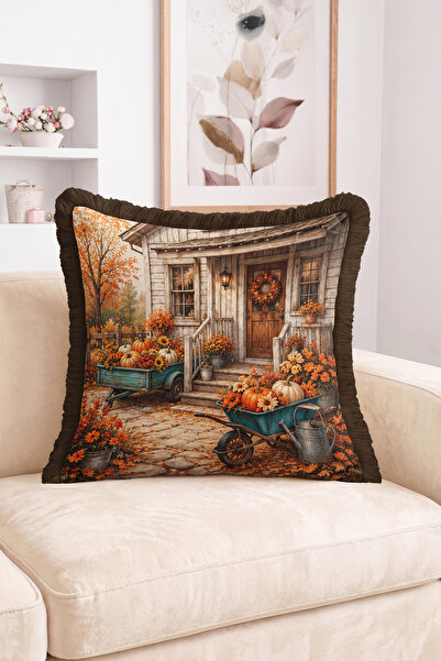 Realhomes Fall House, Pumpkin and Floral Pattern Fringed-Tasseled Throw Pillo...