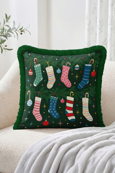 Realhomes Christmas Stocking and Ornaments Patterned Fringed-Tasseled Throw P...